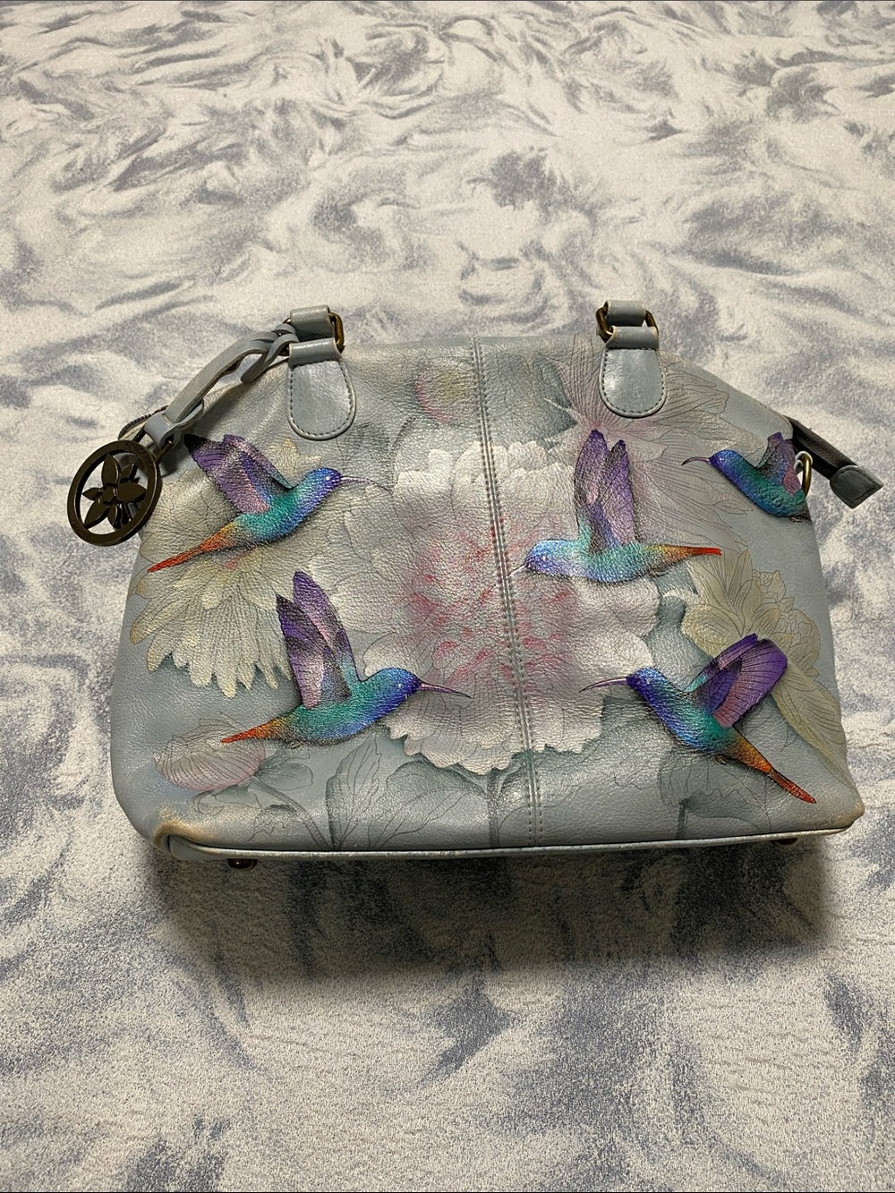 Anuschka Light Blue Leather Shoulder Bag with Multicolor Hummingbirds